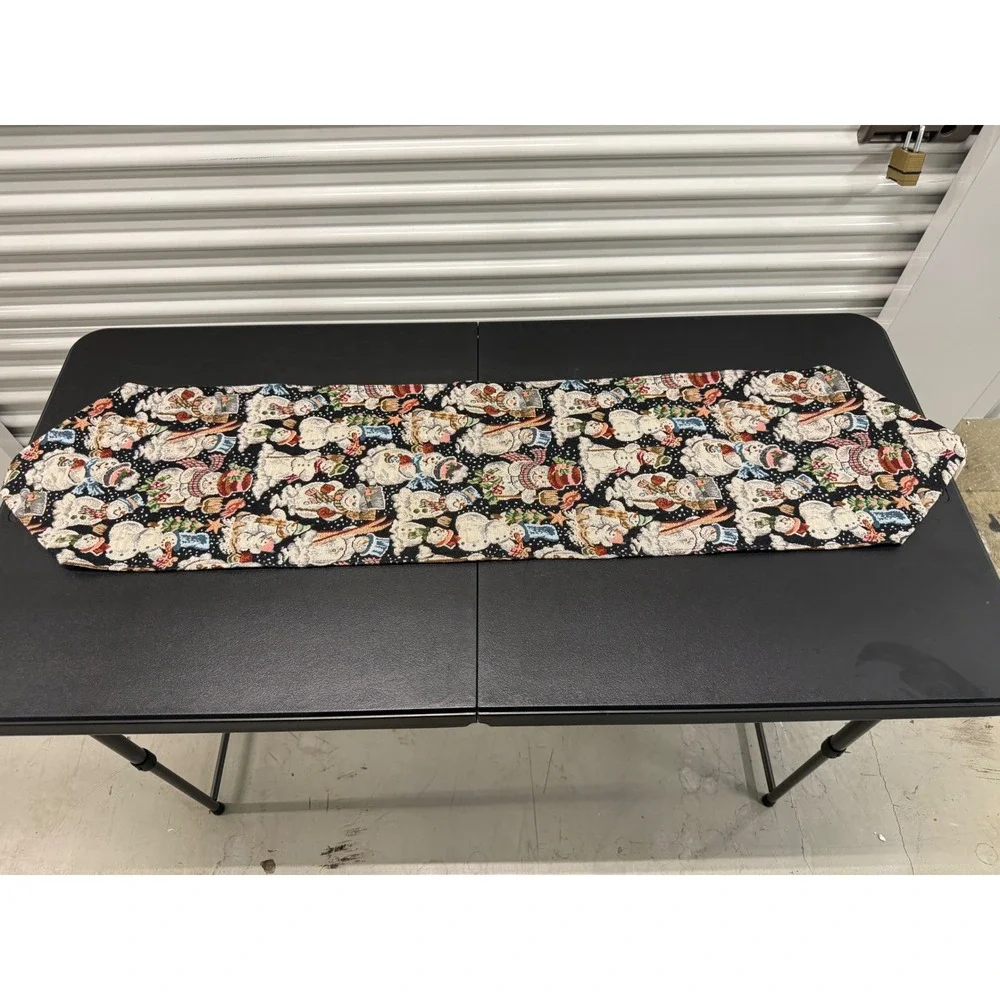 Vintage Woven Tapestry Snowman Christmas Table Runner 4ft Tassels Holiday Decor